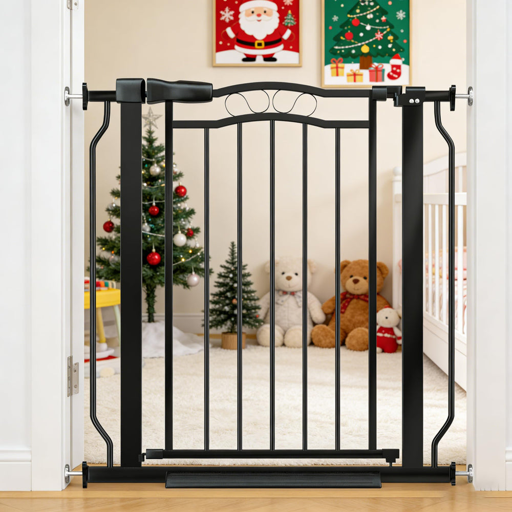 Mornyray baby gate extended to fit 29.53-33.85 inches for wide openings.