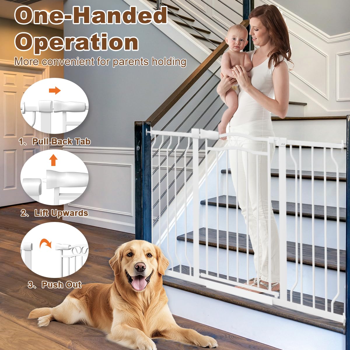 Mornyray adjustable-width gate demonstrates seamless doorway passage for kids and pets.