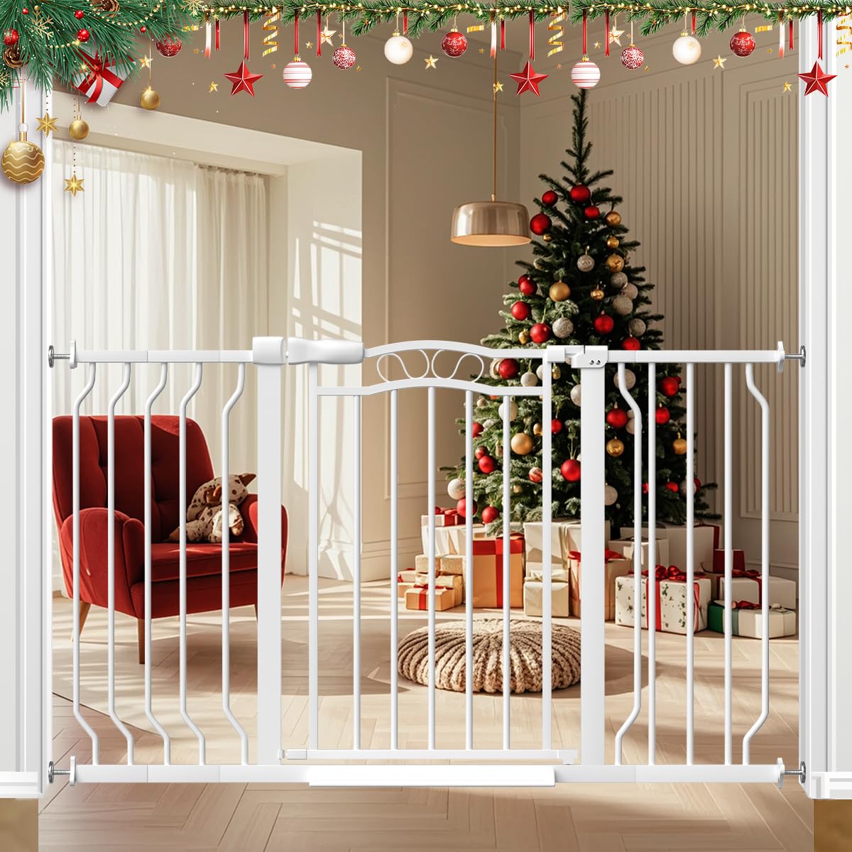Mornyray extra-wide baby gate in doorway, safe doorway for busy households.