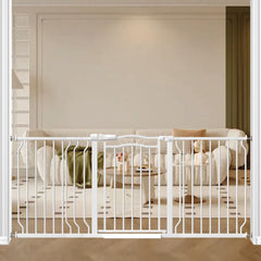 Mornyray extra-wide baby gate on stairs shows secure setup for busy homes.