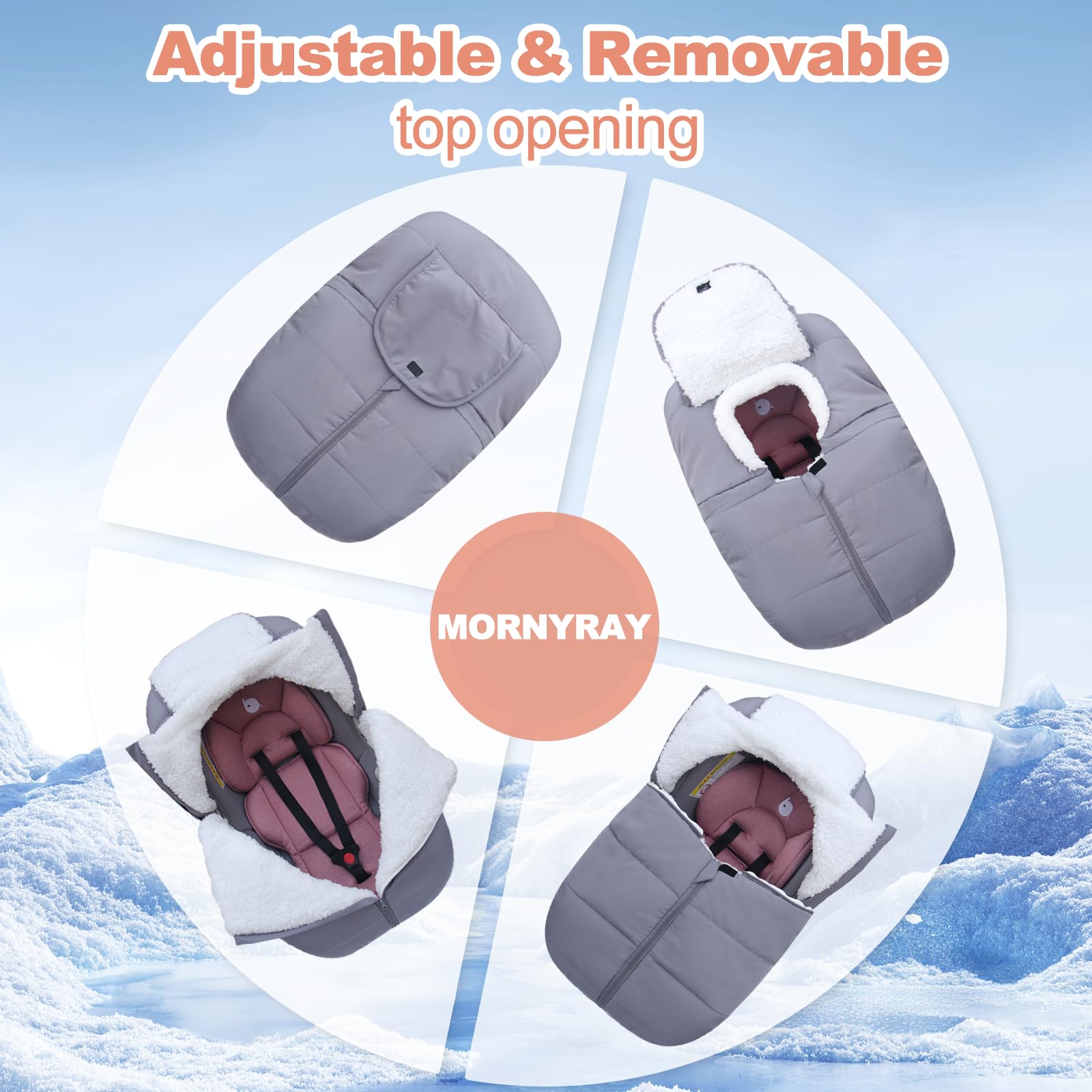 Mornyray Winter Baby Car Seat Cover shows zippered openings for easy baby access.