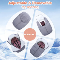 Mornyray Winter Baby Car Seat Cover shows zippered openings for easy baby access.
