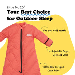 Morrison Outdoors Little Mo 20 sleeping bag side view, compact and packable warmth.