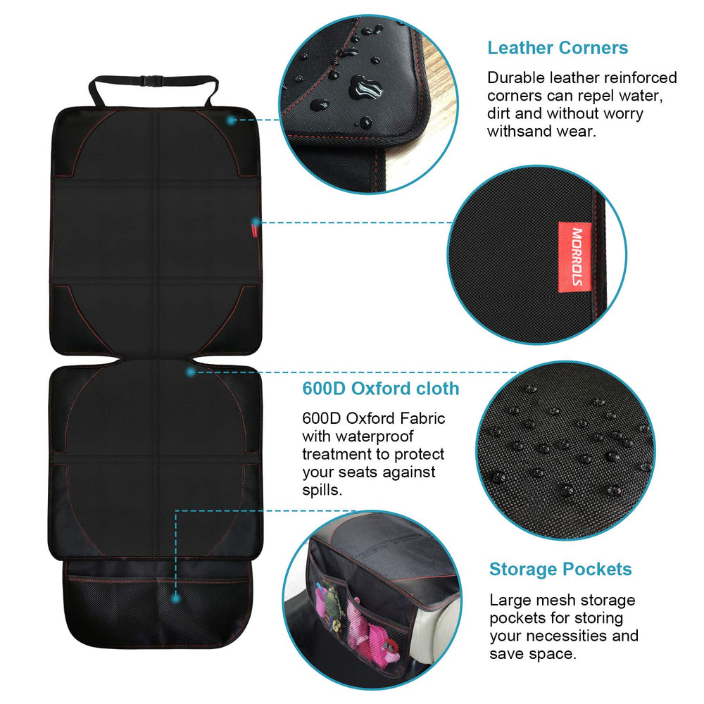 MORROLS car seat protector mesh-pockets image shows convenient storage for toys and snacks.
