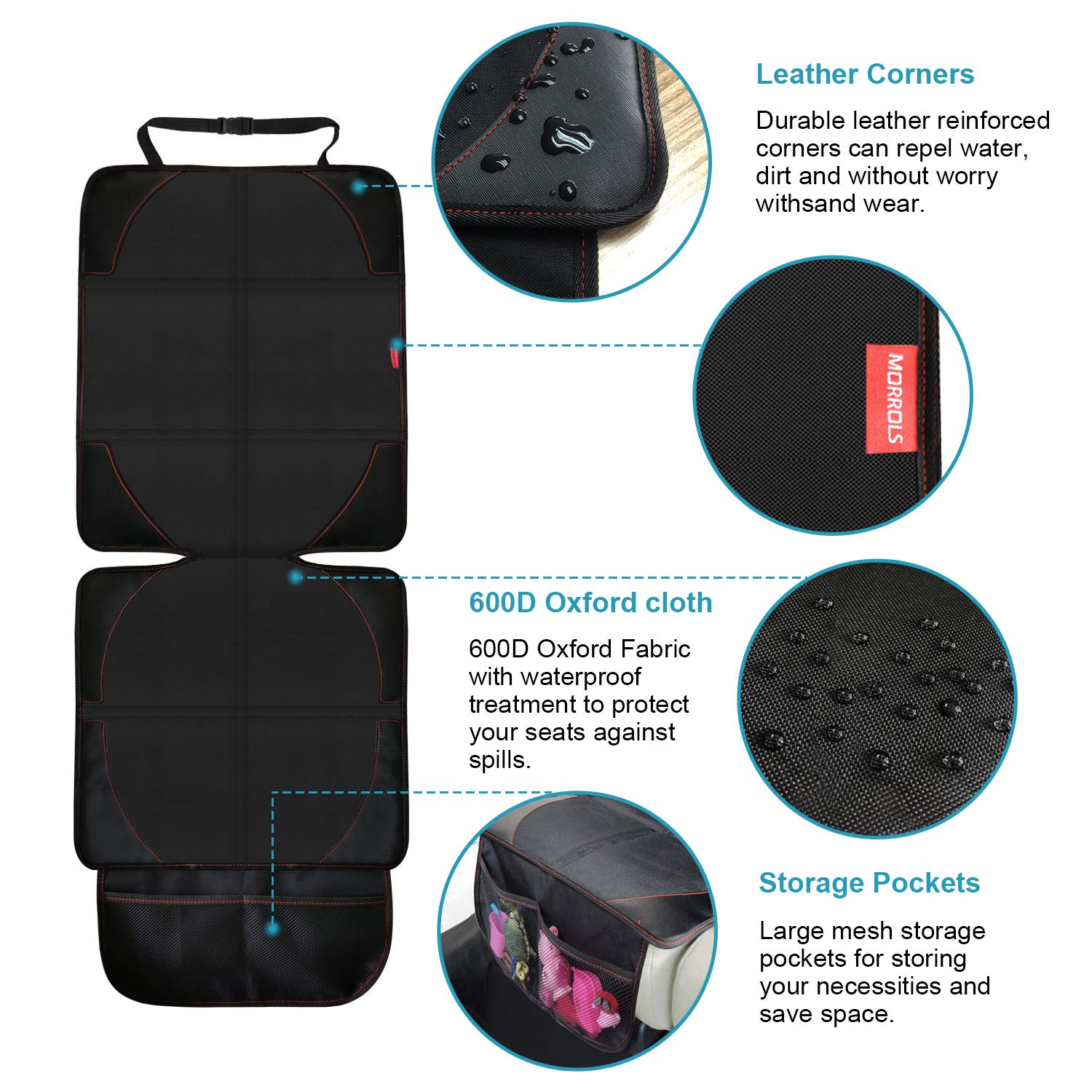 MORROLS car seat protector mesh pockets keep toys and essentials accessible.