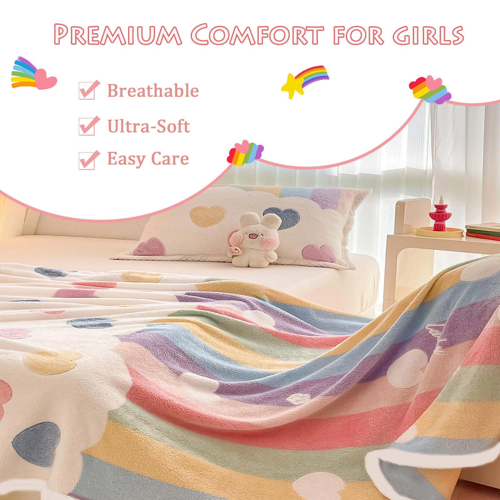 MorroMorn Rainbow Love blanket features double-stitched edges for durability.