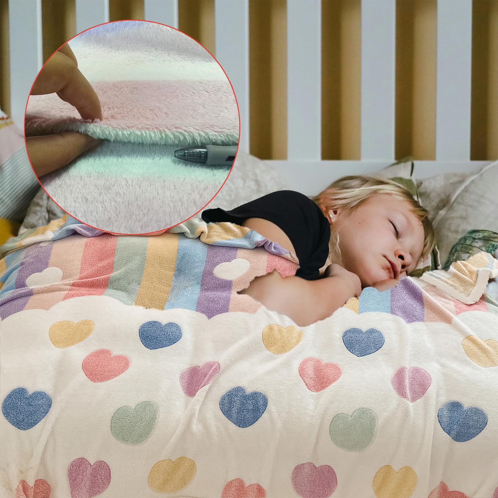 MorroMorn Rainbow Love blanket extended to queen size for family movie nights.