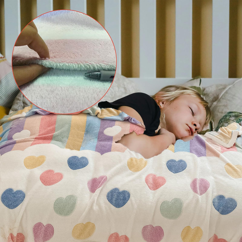 MorroMorn Rainbow Love blanket extended to queen size for family movie nights.
