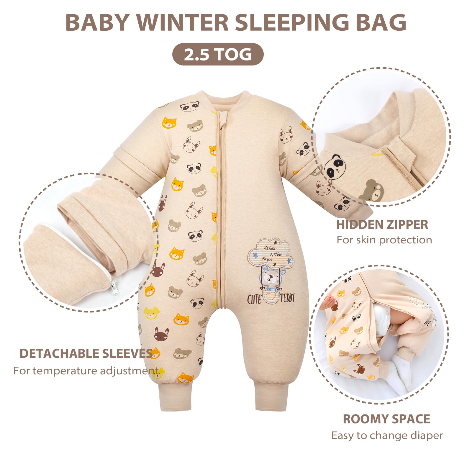 Mosebears 2.5 tog winter model illustrates warm protection for room temps under 70F.