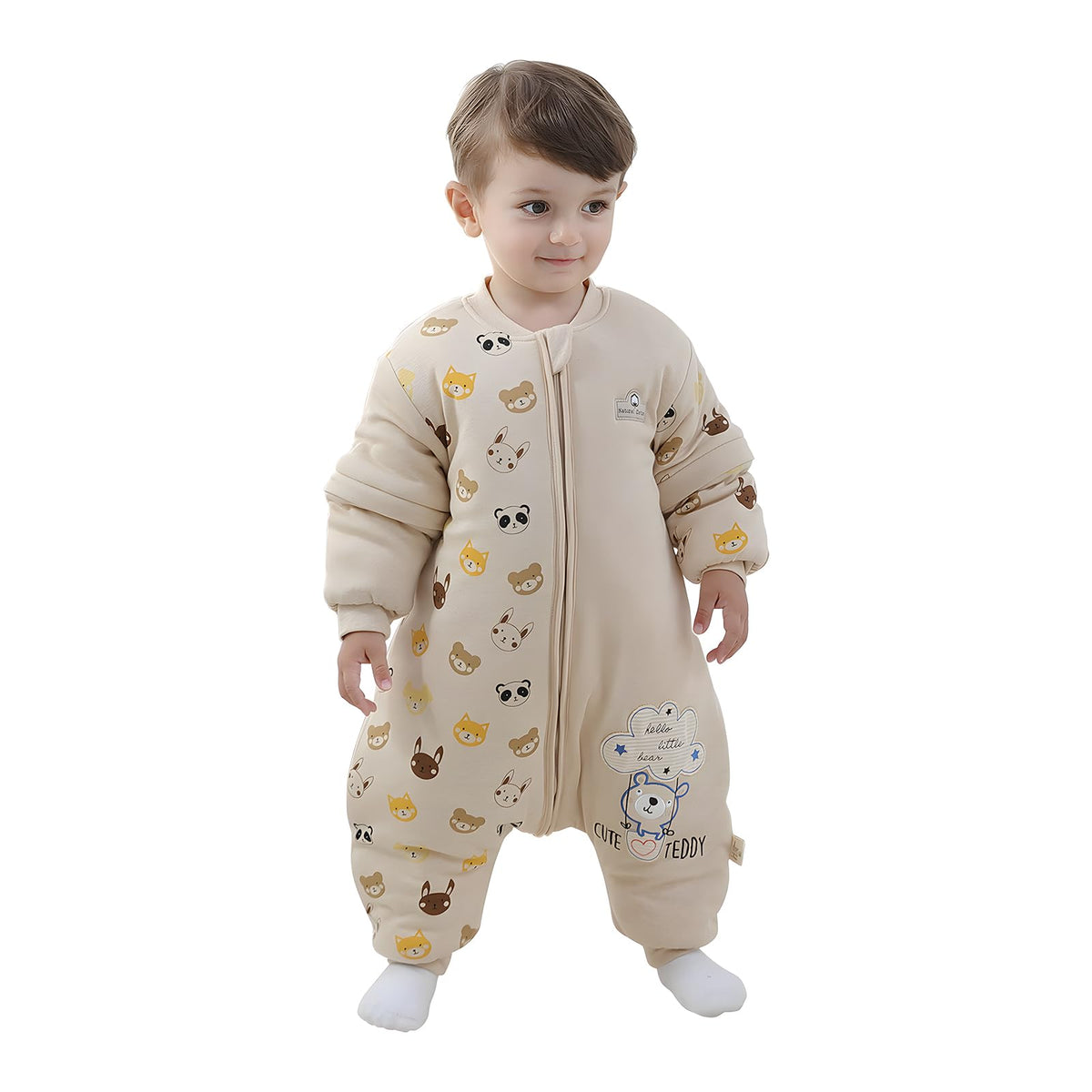Mosebears baby sleep sack with legs in front view offers cozy warmth for cooler nights.