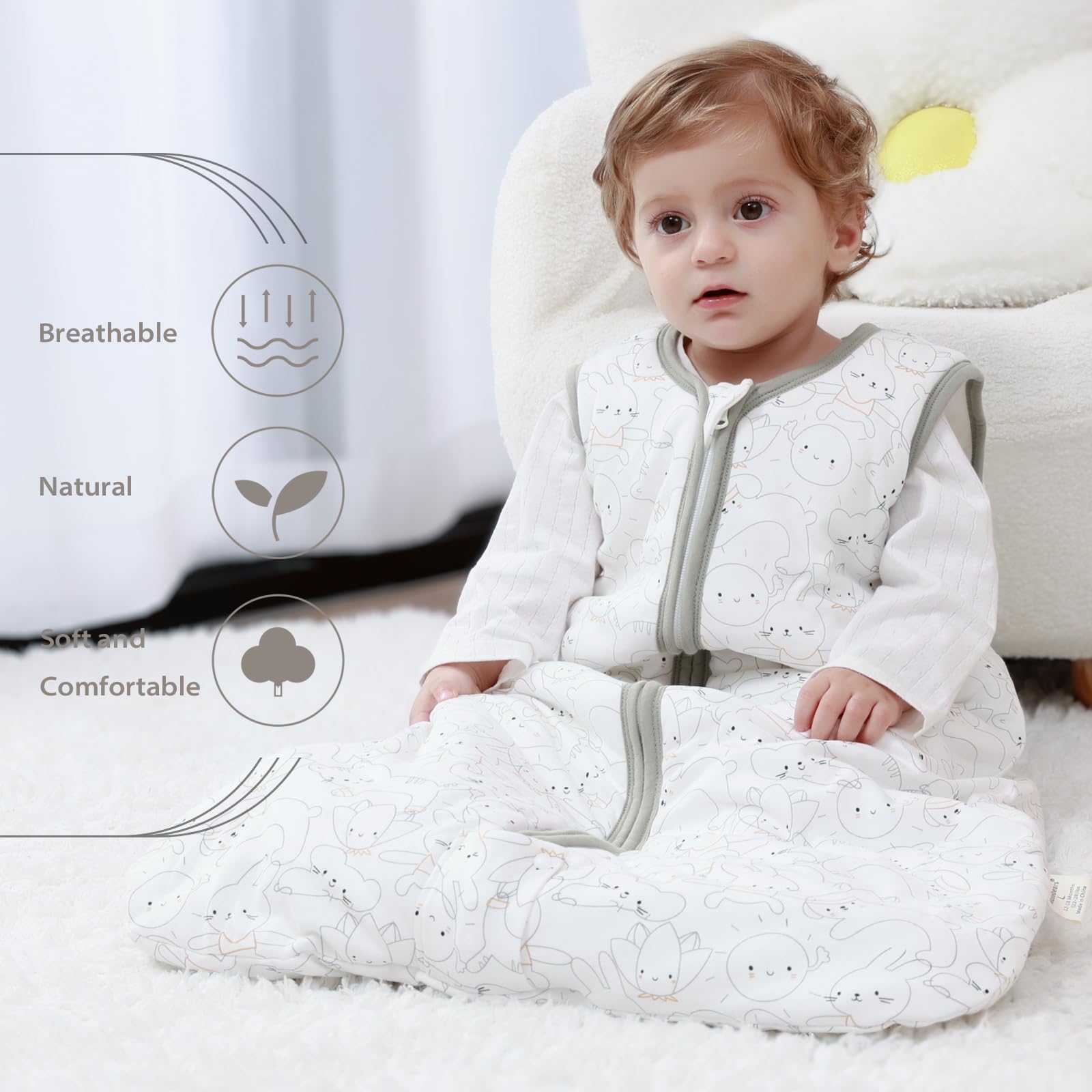 Mosebears 2.5 TOG winter sleep sack keeps baby warm in cooler rooms.