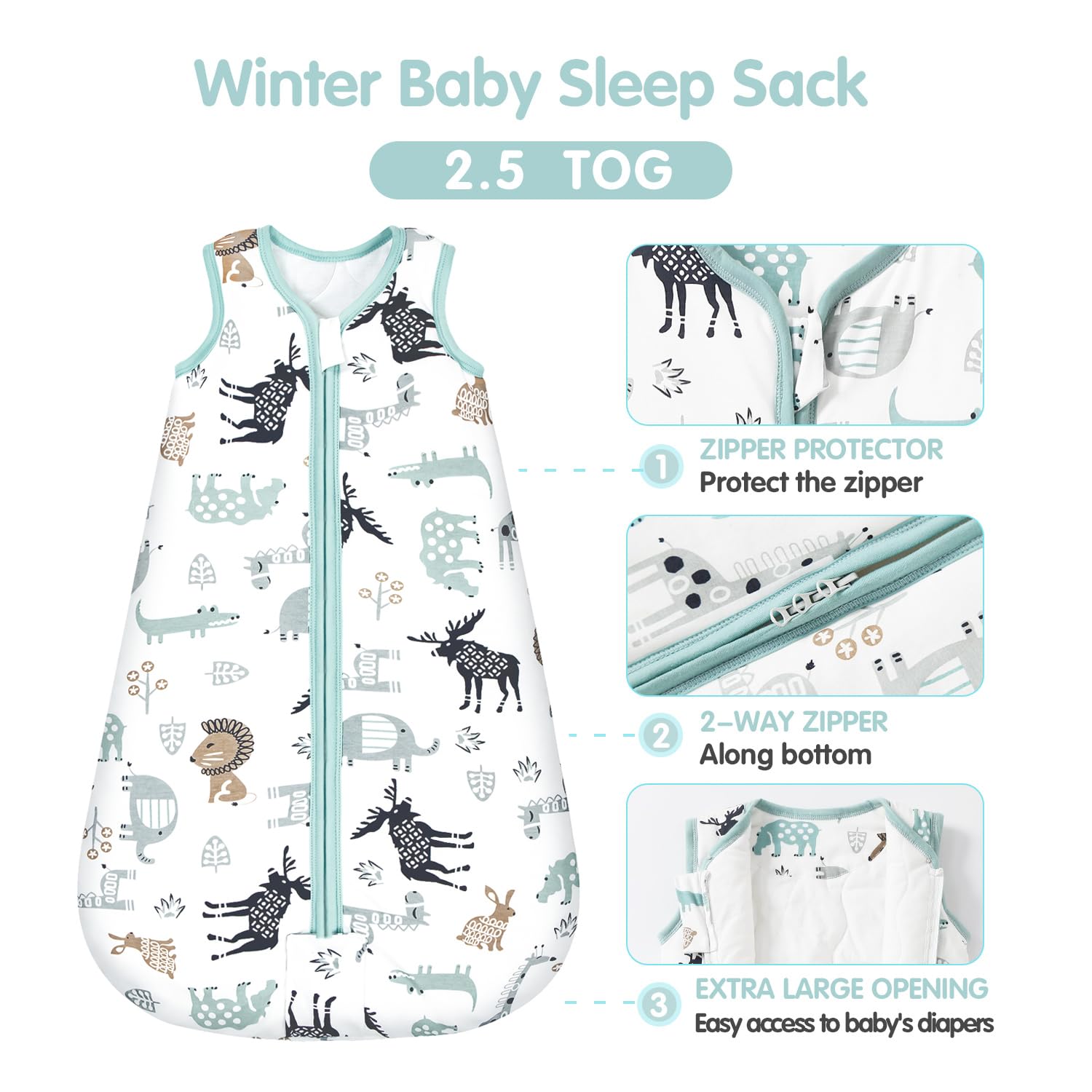Mosebears sleep sack 2way-zipper top-bottom facilitates easy dressing and diaper changes.