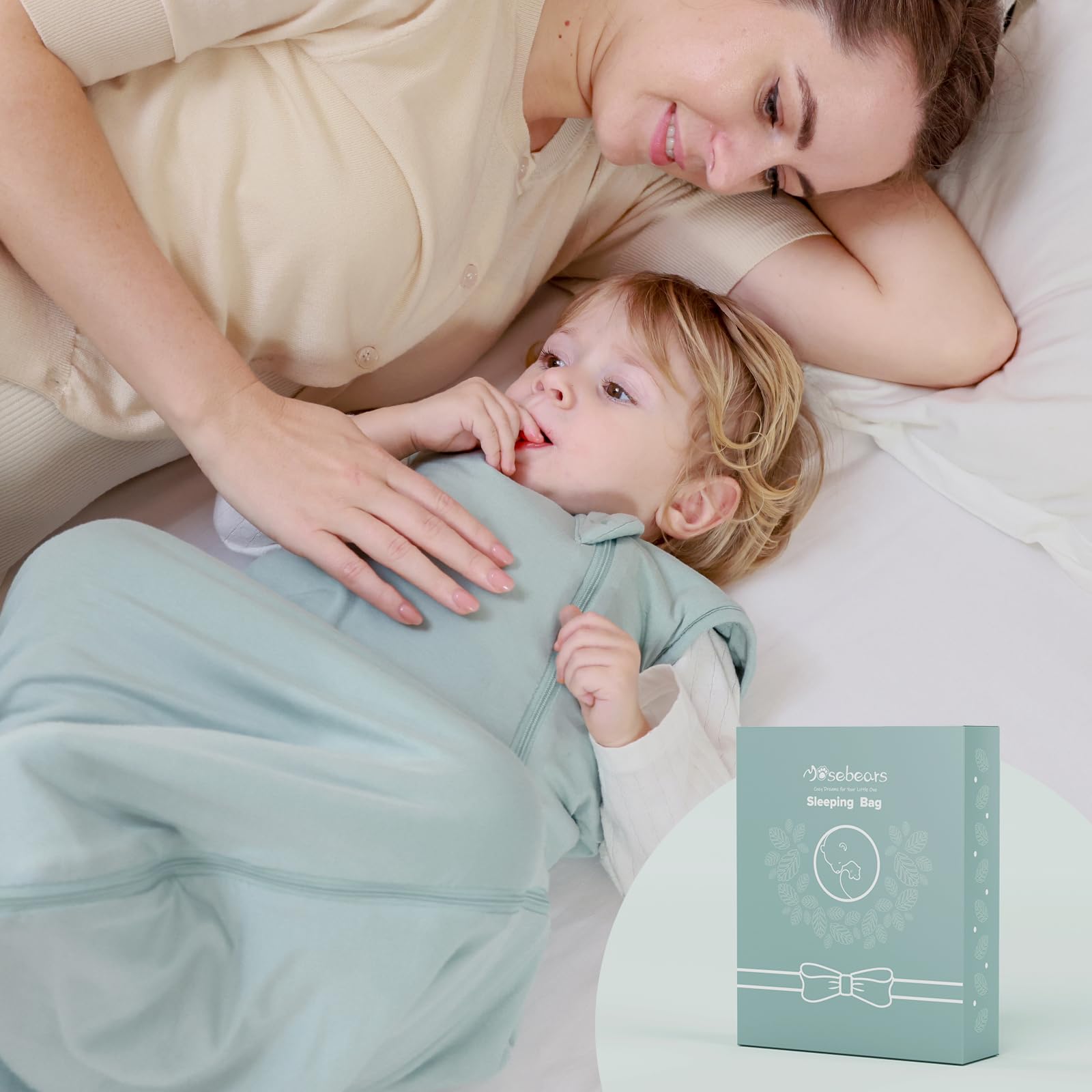 Mosebears sleep sack 2way-zipper in use facilitates midnight diaper changes