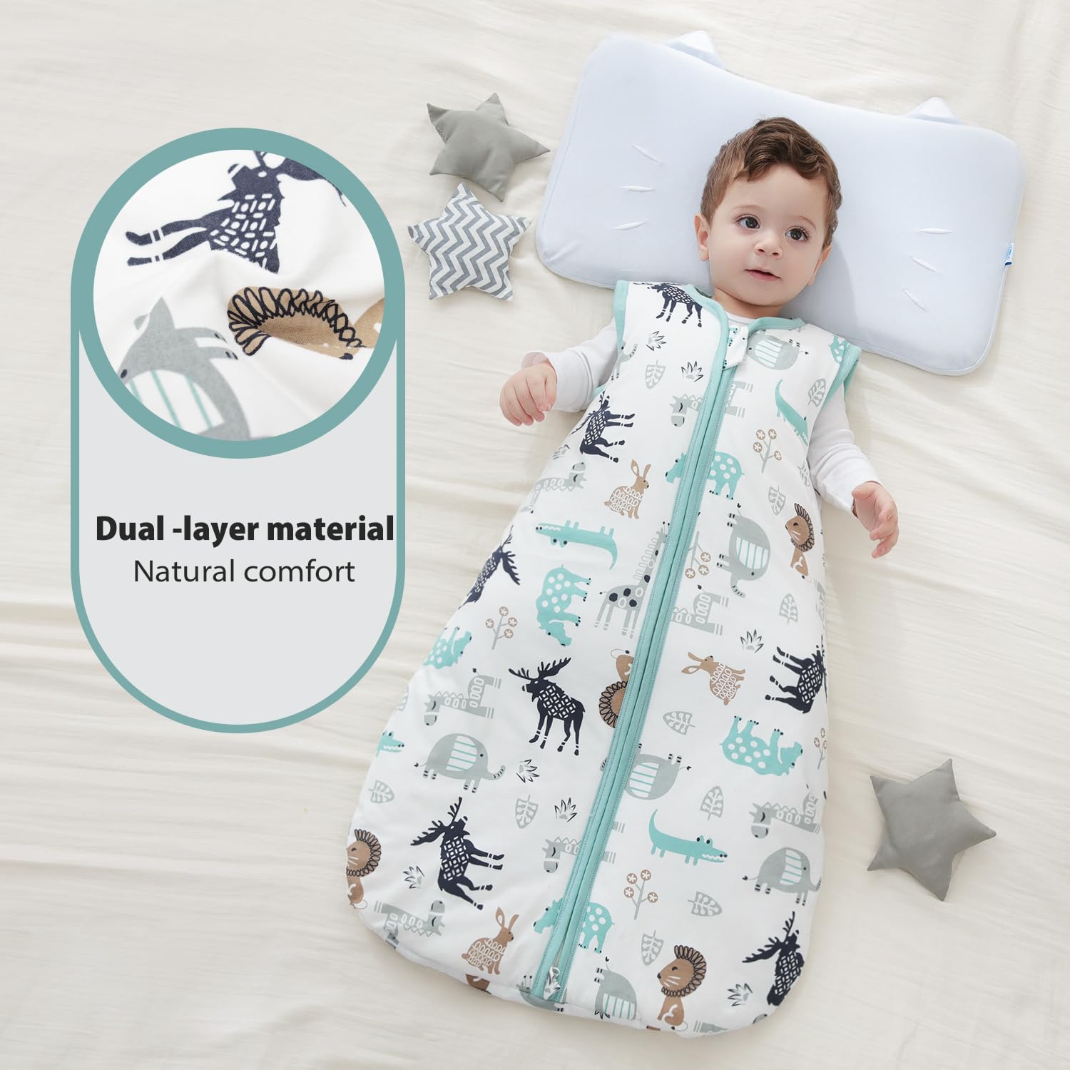 Mosebears Sleep Sack smooth 2-way zipper simplifies dressing and diaper changes.