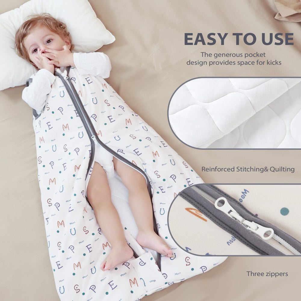 Mosebears sleep sack Alphabet pattern highlights unisex winter wear