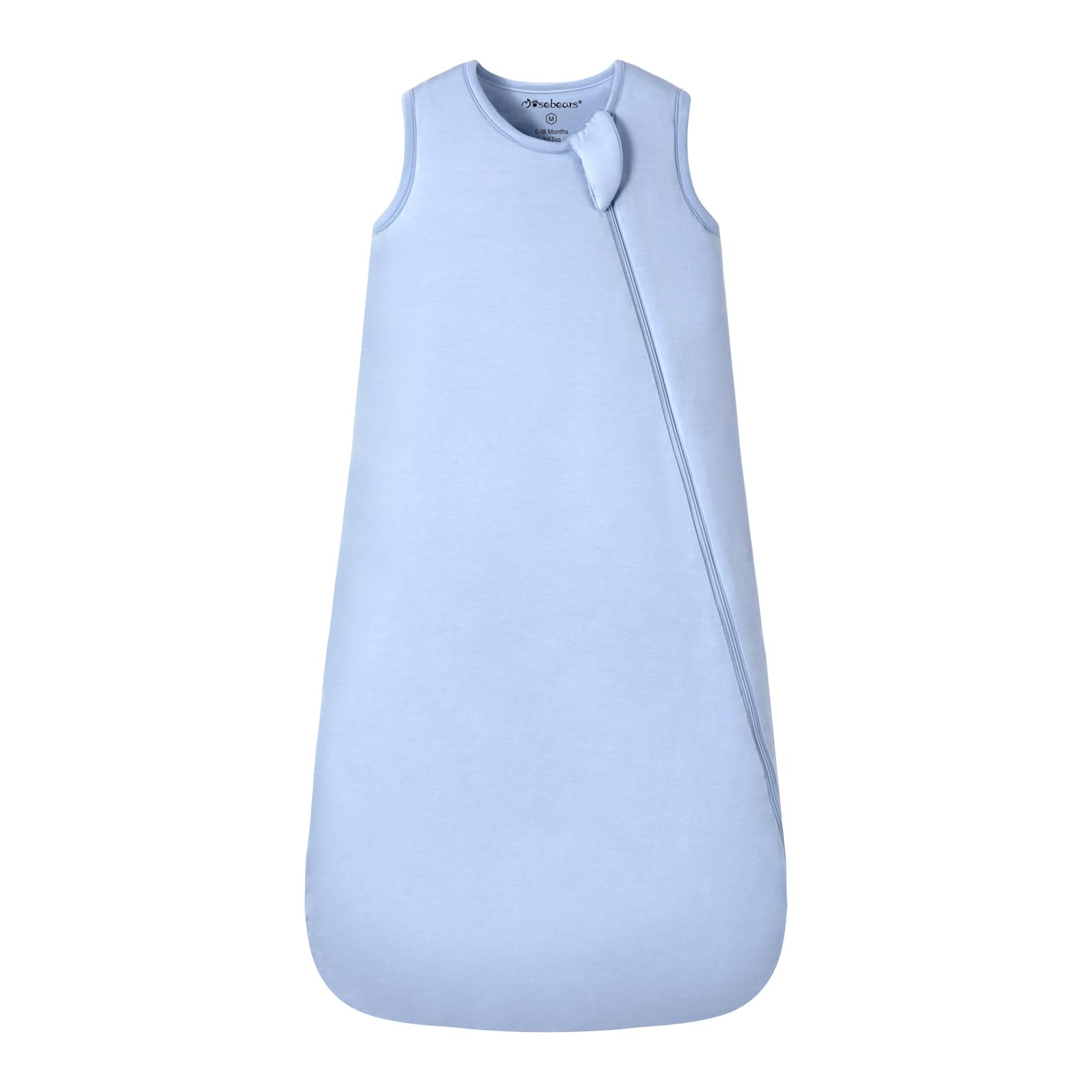 Mosebears sleep sack fog blue showing 2-way zipper for easy changes