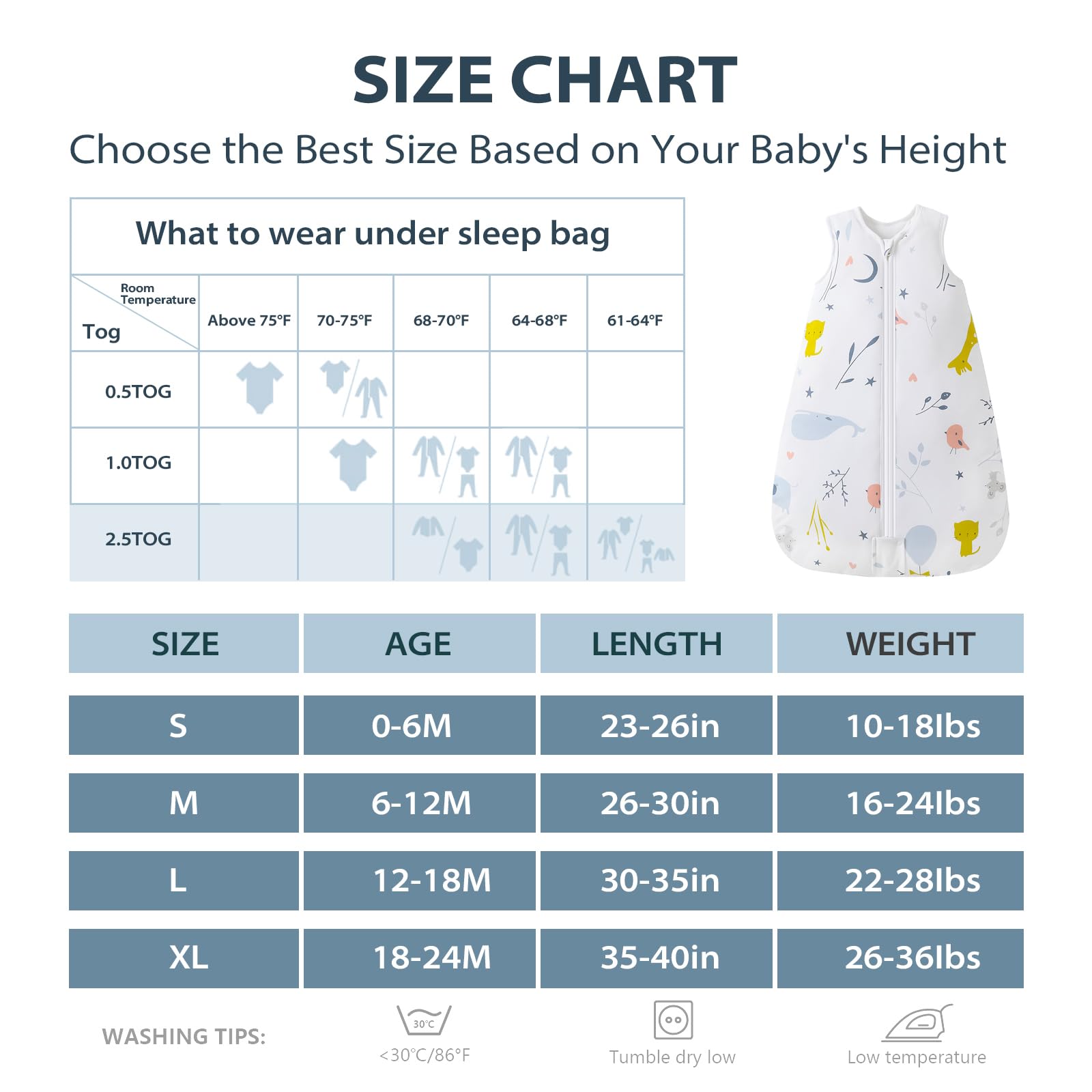 Mosebears Sleep Sack front view reveals unisex white animal design.