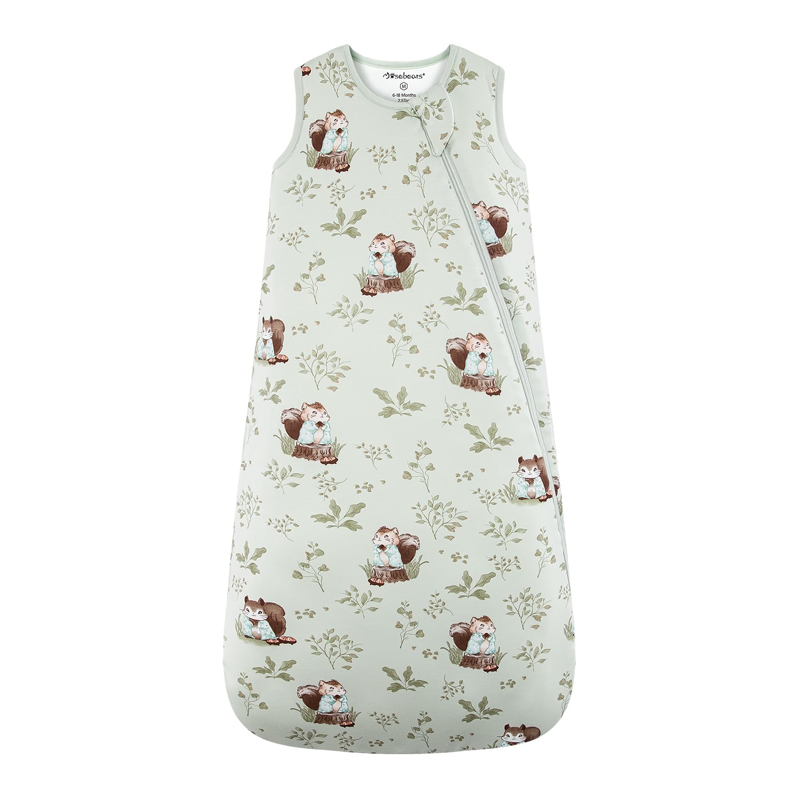 Mosebears sleep sack green animal flatlay showing cozy warmth and breathable bamboo fabric