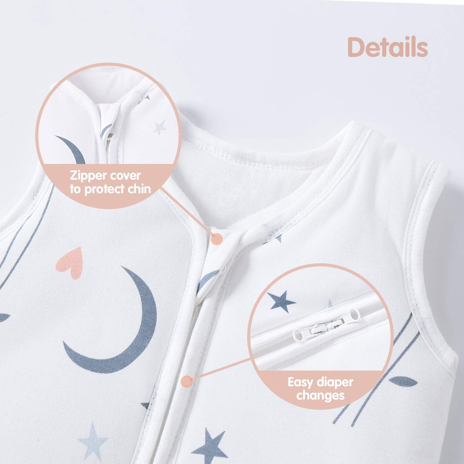 Mosebears Sleep Sack in-use image demonstrates safe diaper change access.