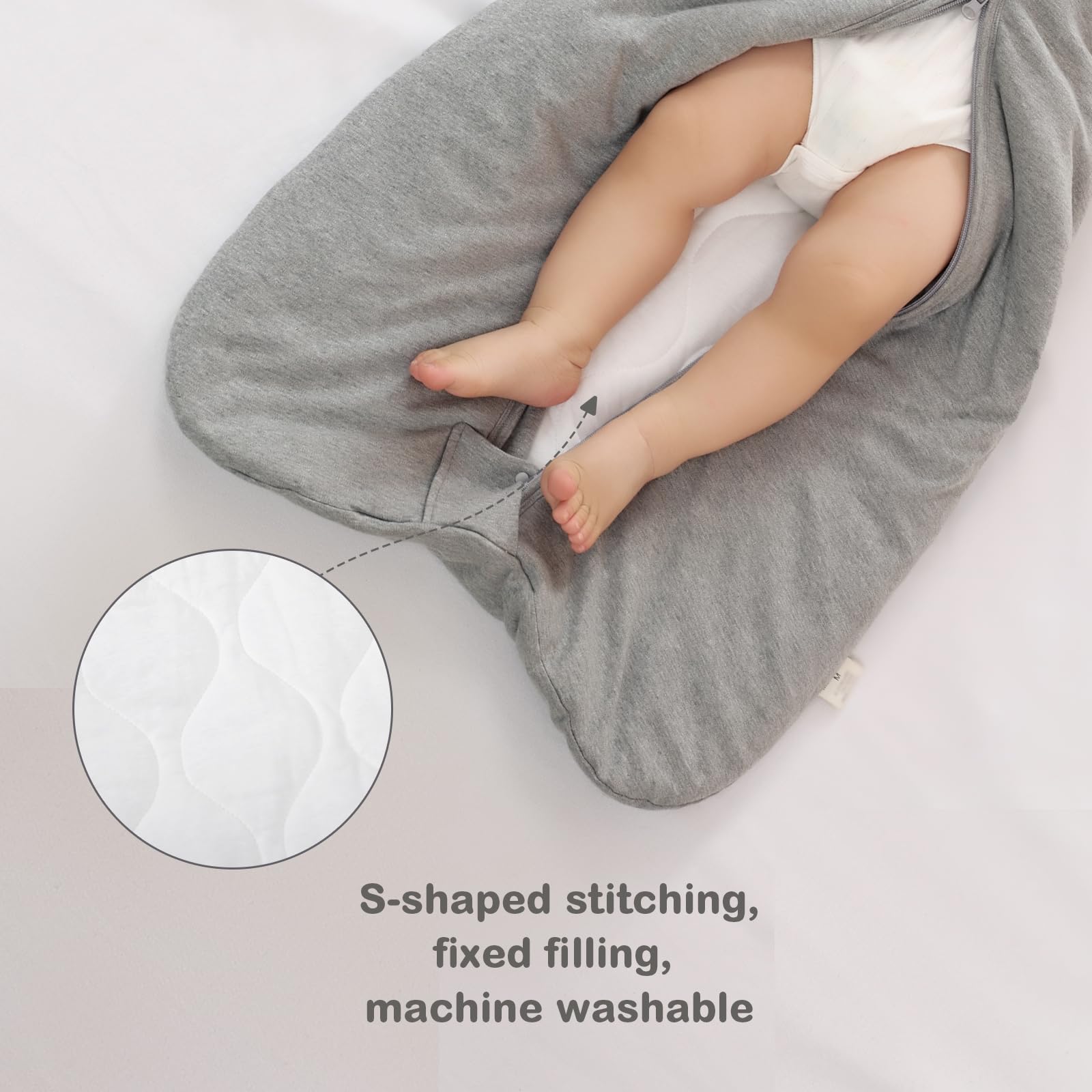 Mosebears Sleep Sack cozy filling close-up shows lightweight polyester fill.