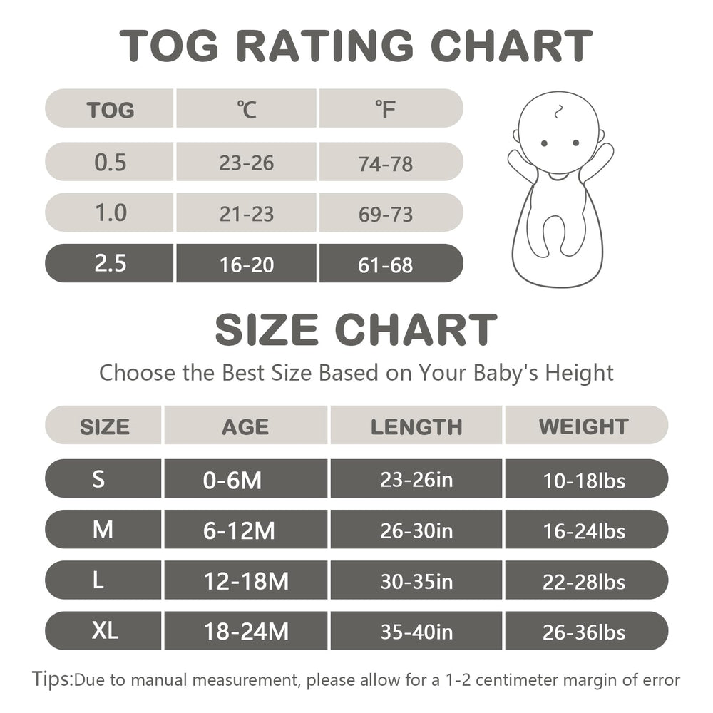 Mosebears Sleep Sack size chart image demonstrates S XL options for growing babies.
