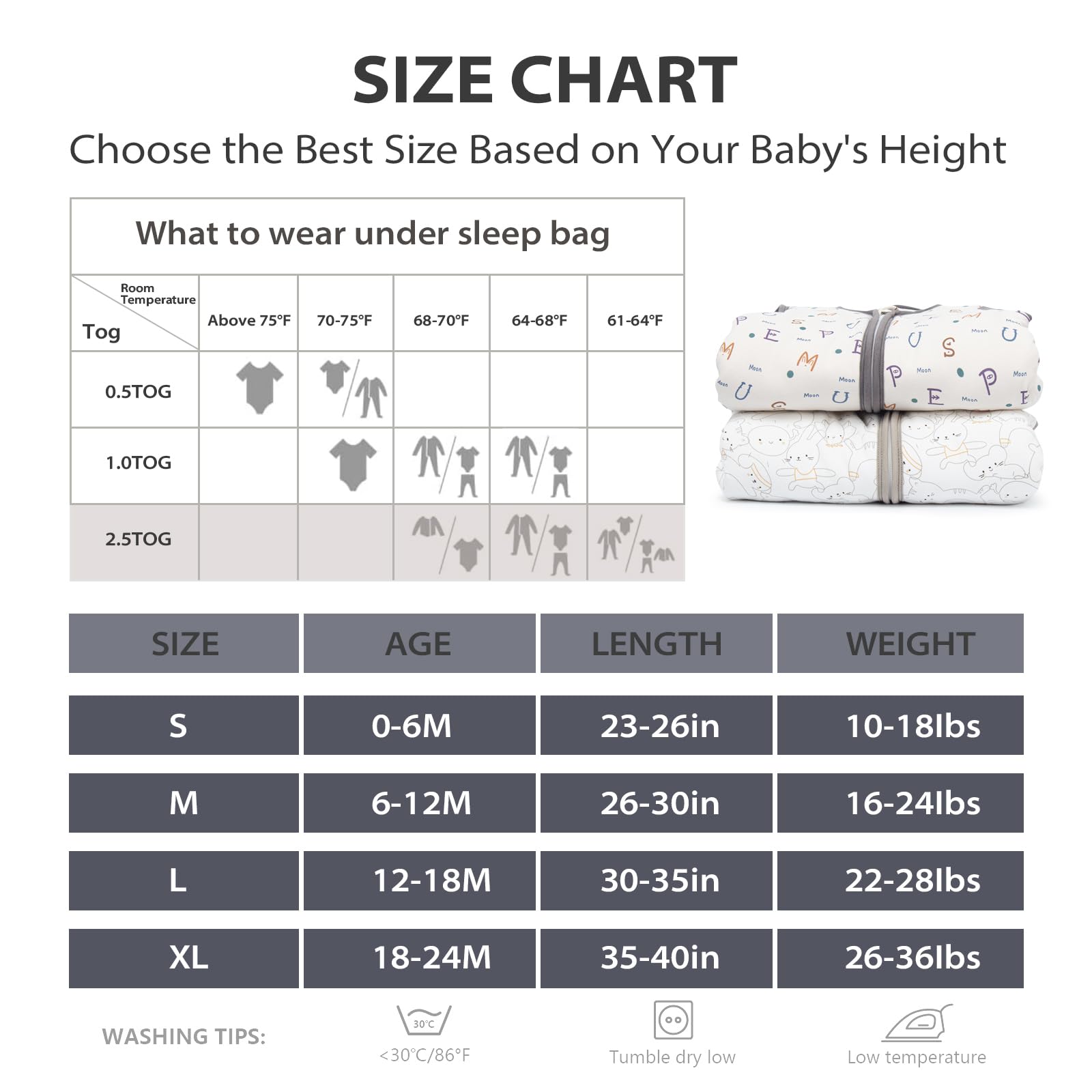 Mosebears sleep sack size options S to XL support a growing baby