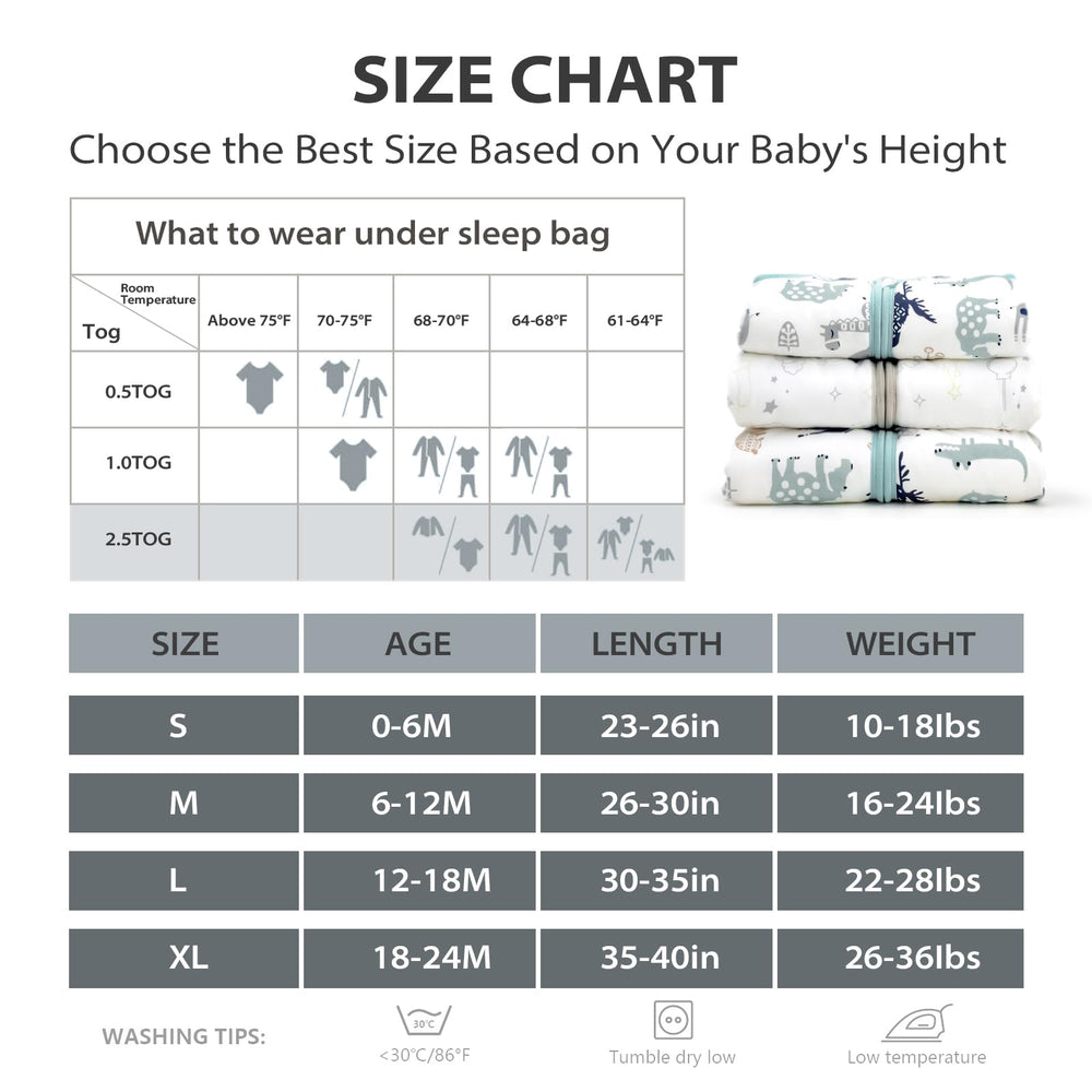 Mosebears Sleep Sack sizes S to XL fit growing infants.