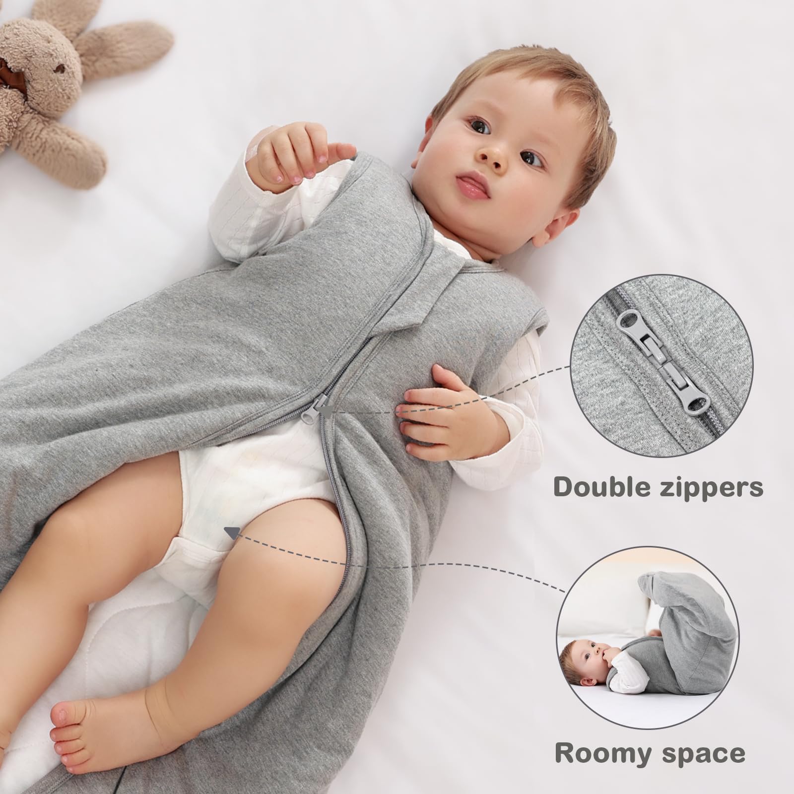 Mosebears Sleep Sack sleeveless design supports heat regulation and prevents overheating.