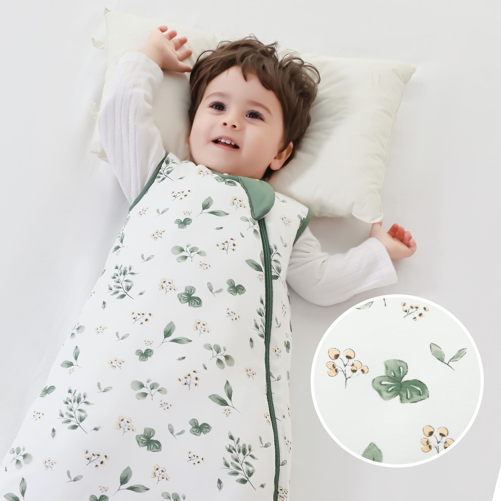 Mosebears sleep sack sleeveless design image highlights breathable airflow and temperature regulation.