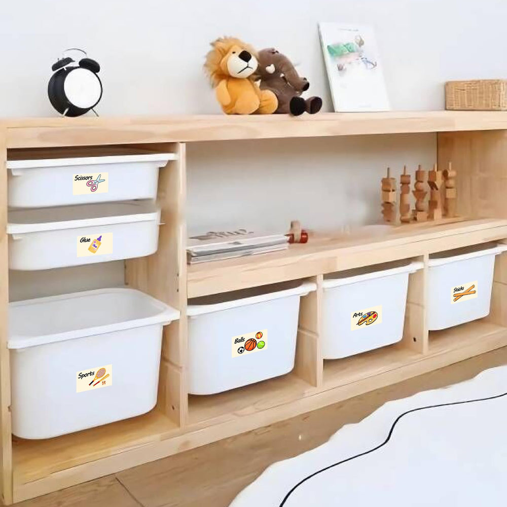 MOSITU preschool labels on containers speed cleanup during playtime.