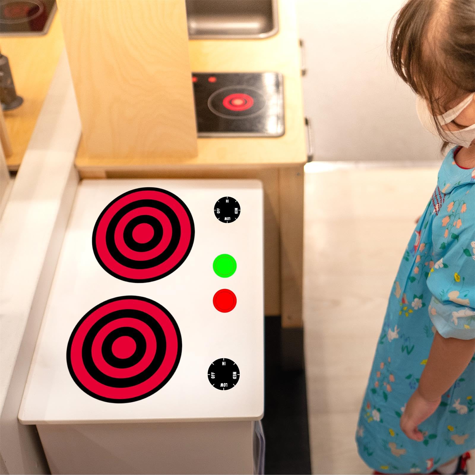 MOSITU play kitchen decals dishware set completes a pretend kitchen look.