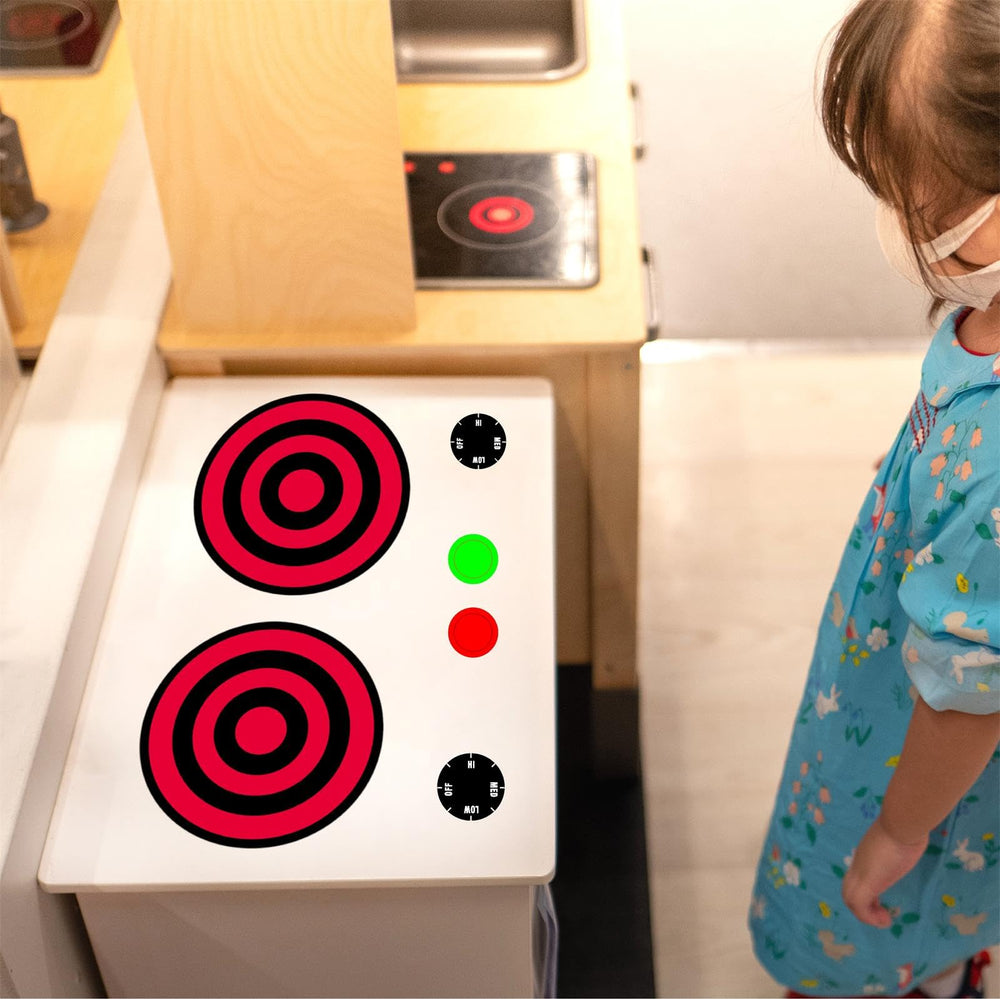 MOSITU play kitchen decals dishware set completes a pretend kitchen look.
