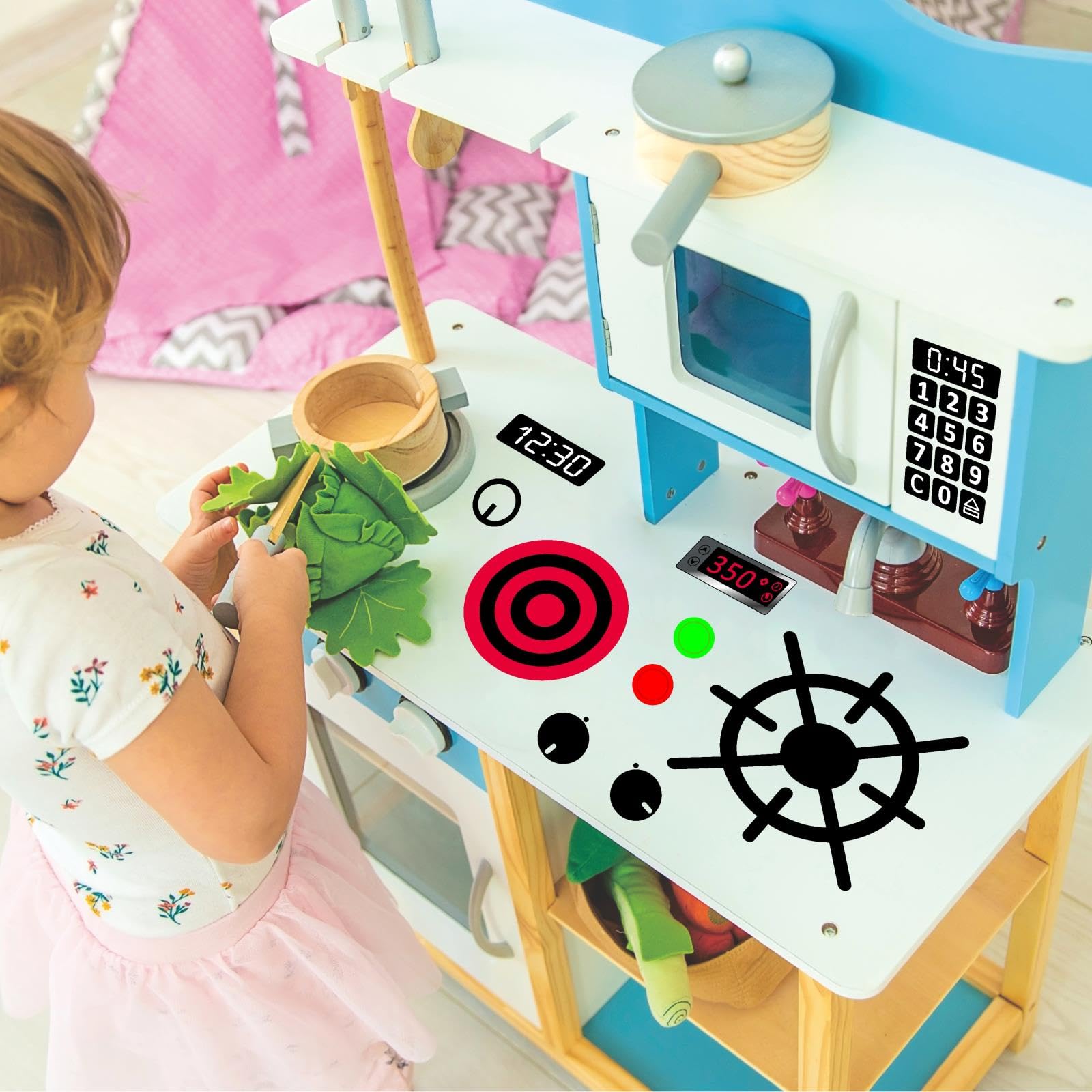 MOSITU play kitchen decals microwave front for realistic toy kitchen setups.