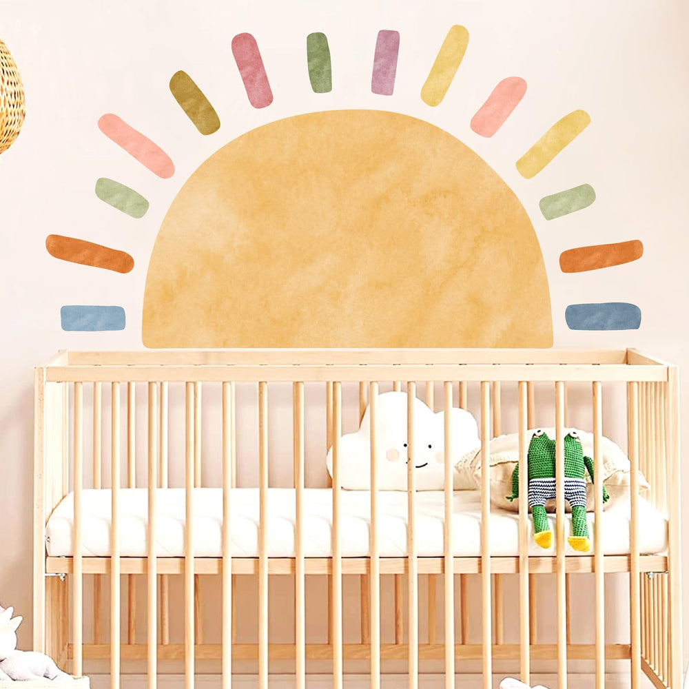 MOSITU Watercolor Large Sun Wall Decal showcases a rainbow sun for vibrant kid rooms