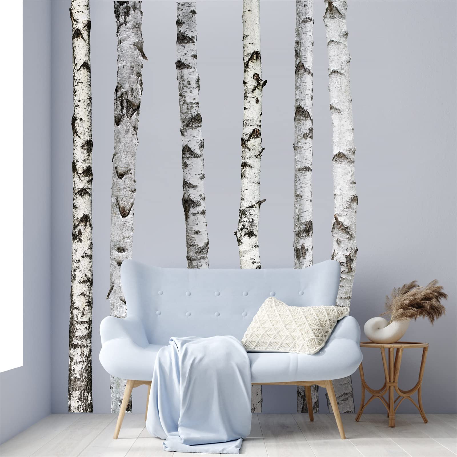 MOSITU white birch woodland wall stickers closeup shows simple peel-and-stick installation.