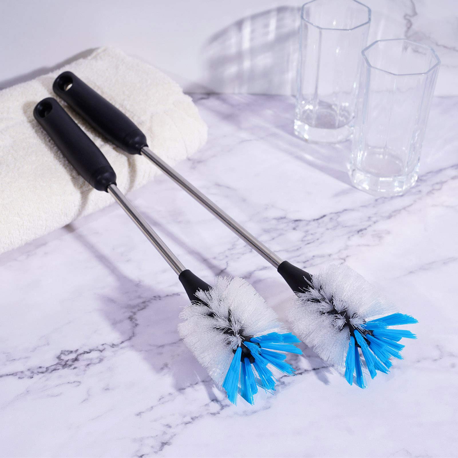 MOSOLAN long-handle design extends reach and keeps cleaning convenient in the sink.