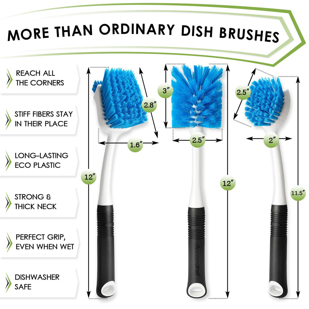MOSOLAN dish brush with scraper edge removes residue without scratching
