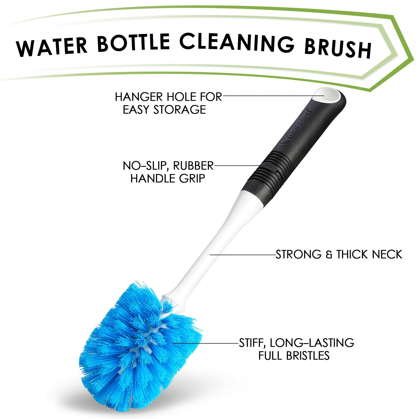 MOSOLAN scrubber brush with round head cleans pots and pans effectively.