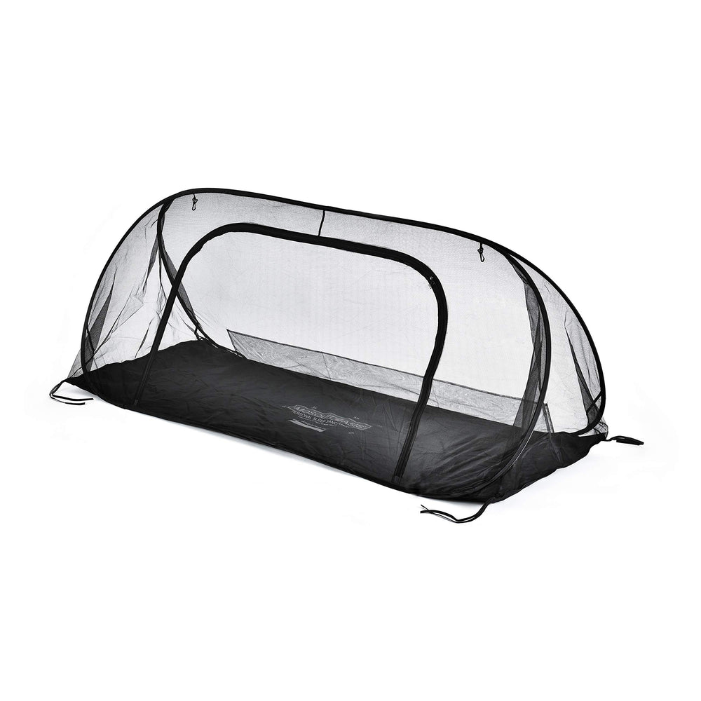 MosquitOasis Wicked Cool net setup with cot, quick pop-up shelter for campers.