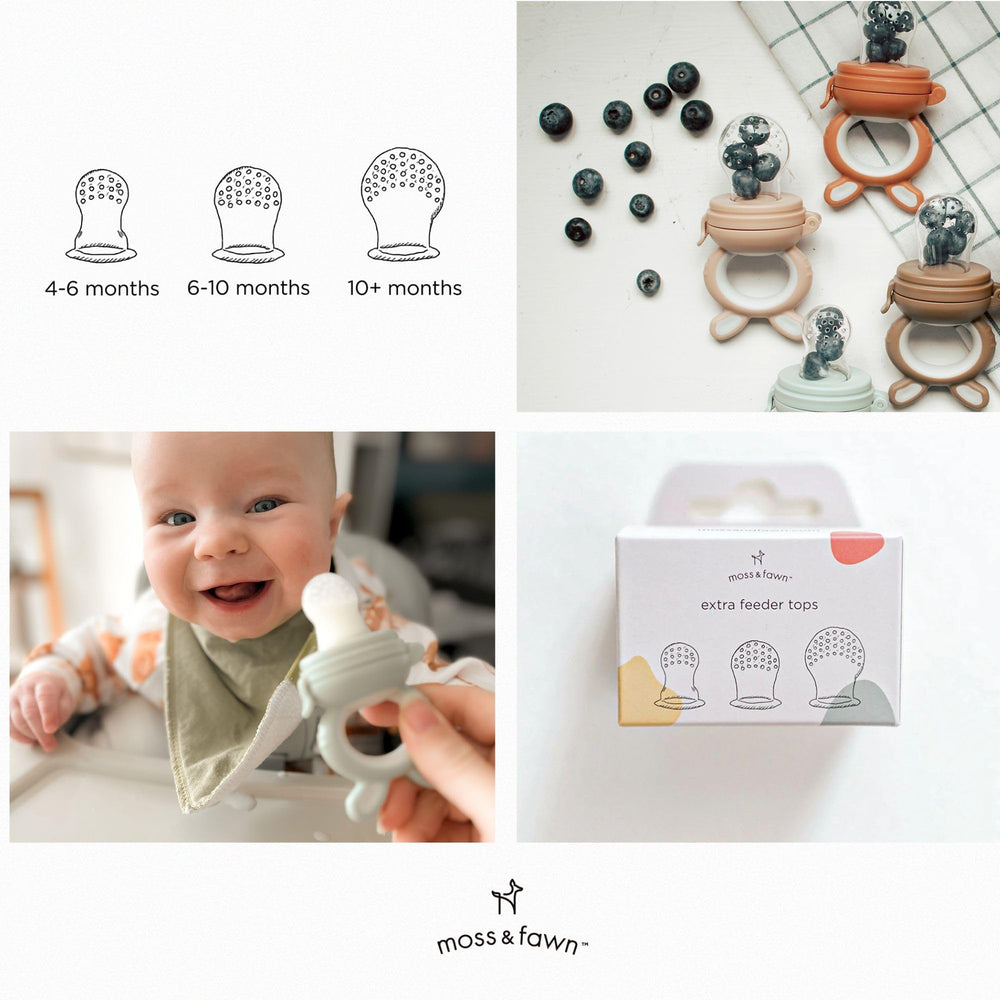 Moss and Fawn BPA-free silicone—safe materials for baby teething and self-feeding moments.