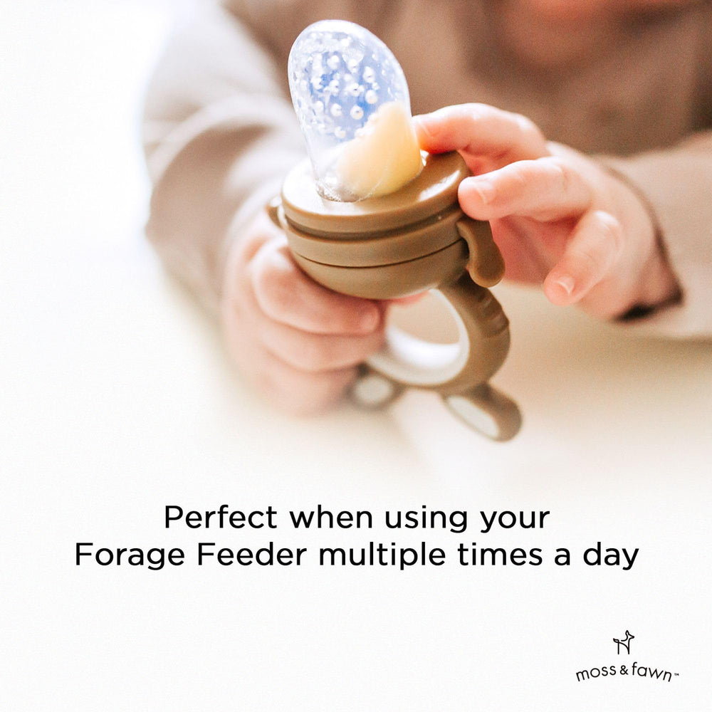 Moss and Fawn extra feeder tops 10+ months—gentle texture reduces large food pieces.