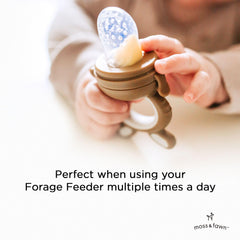 Moss and Fawn extra feeder tops 10+ months—gentle texture reduces large food pieces.