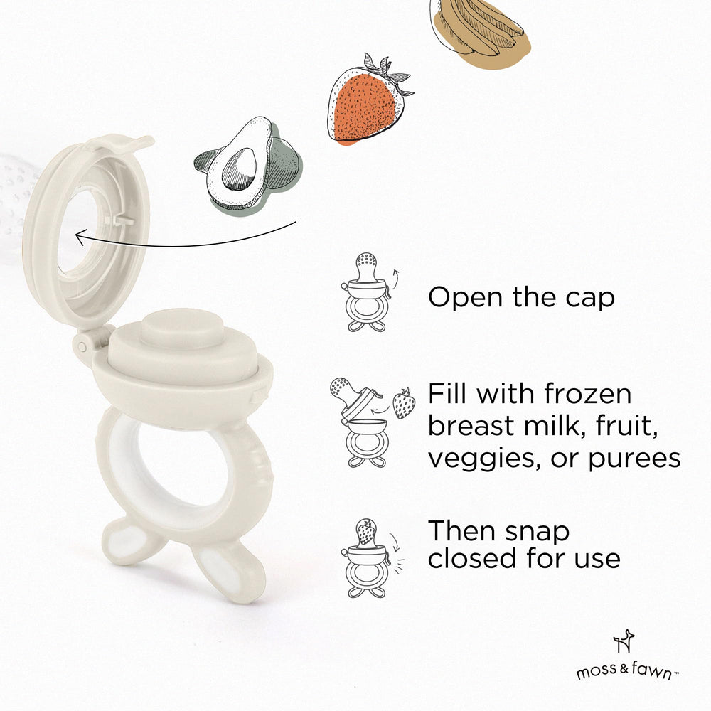 Moss and Fawn Forage Feeder baby-holding demonstrates easy self-feeding support.