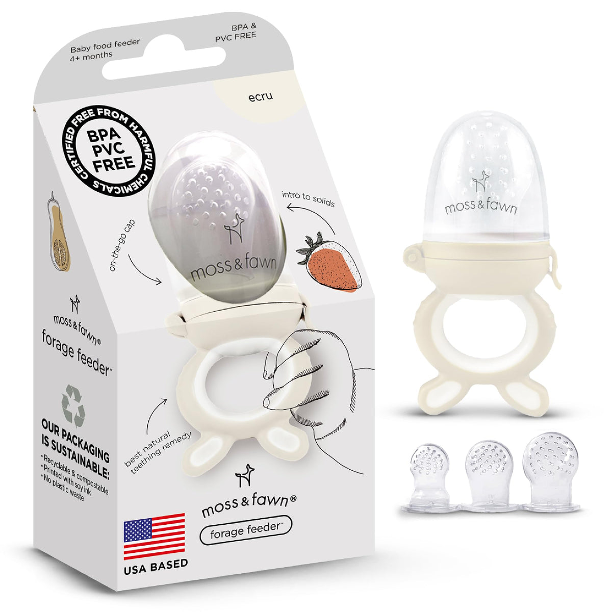 Moss and Fawn Forage Feeder closeup soft silicone highlights safe solids feeding.