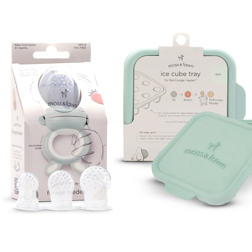 Moss and Fawn forage feeder in fern color, showcasing safe bite-sized feeding for babies.