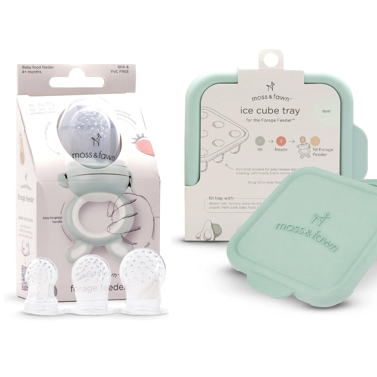 Moss and Fawn forage feeder in fern color, showcasing safe bite-sized feeding for babies.