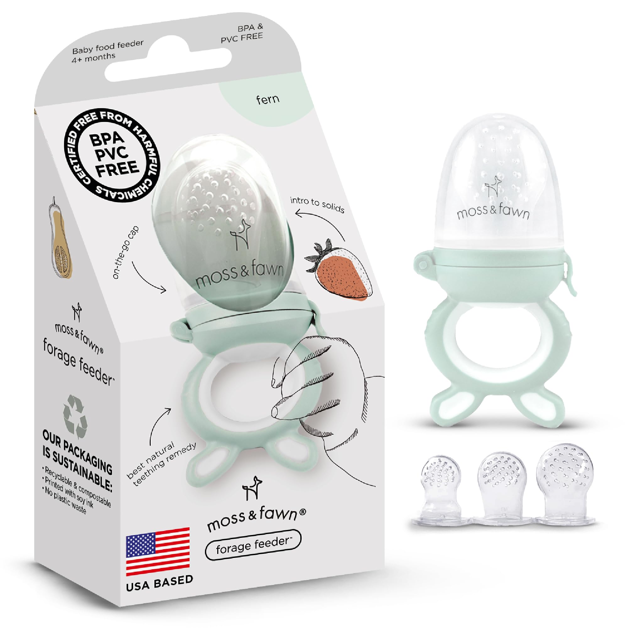 Moss and Fawn Forage Feeder fern closeup highlighting soft silicone for soothing teething and solids.