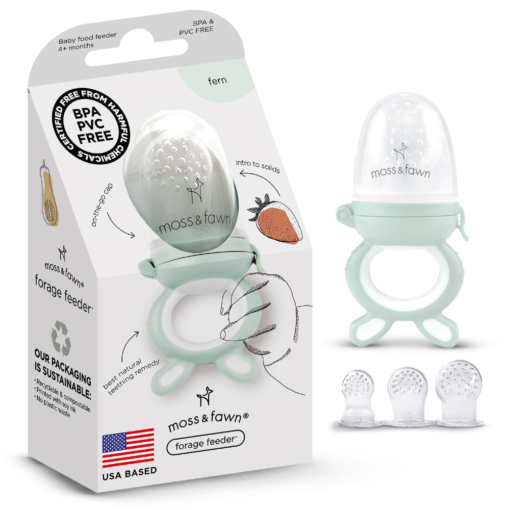 Moss and Fawn Forage Feeder fern closeup highlighting soft silicone for soothing teething and solids.