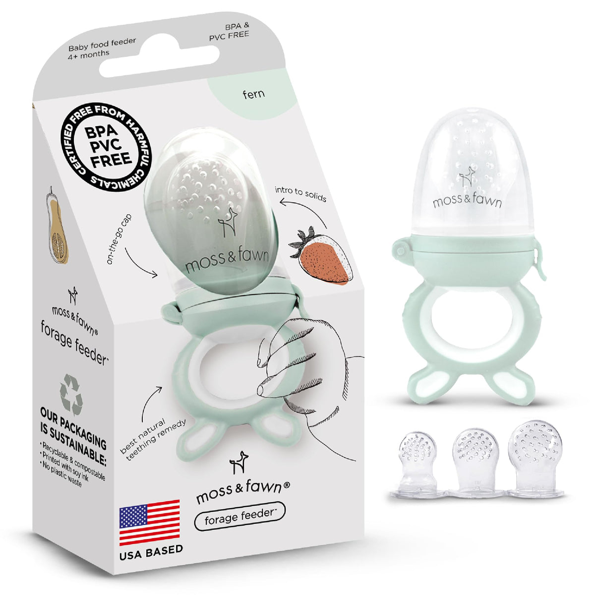 Moss and Fawn Forage Feeder fern closeup highlighting soft silicone for soothing teething and solids.