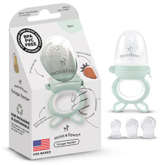 Moss and Fawn Forage Feeder fern closeup highlighting soft silicone for soothing teething and solids.